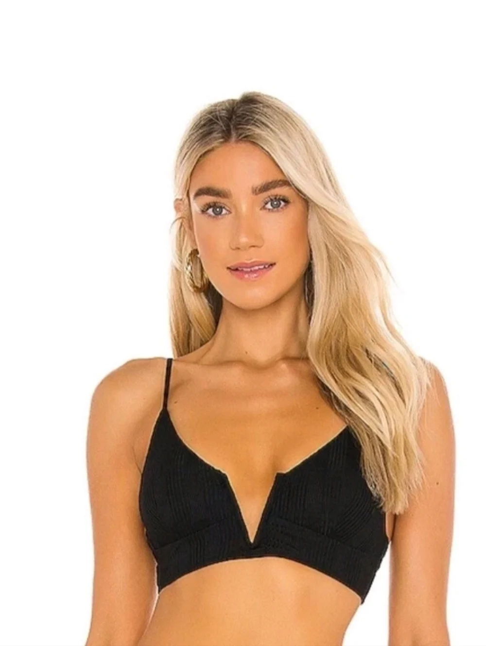 LSPACE Monica Wise Siren Bikini Top Black Ribbed Strappy NWT $114